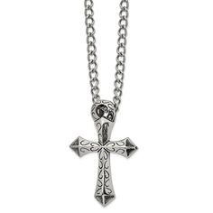 Daring, mesmerizing, eclectic style! This men's oversized stainless steel necklace features an extra-large, antiqued and polished passion cross slide pendant that is approximately 44mm (1 3/4 inch) in width by 68mm (2 5/8 inches) in length. It hangs on a 6mm width by 24-inch long open curb chain finished with a fancy lobster clasp. Not suitable for engraving, open back. Sorority Jewelry, Antique Stone, Packaging Gift, Bow Jewelry, Large Jewelry, Stone Setting, Mens Accessories Jewelry, Steel Necklace, Eclectic Style