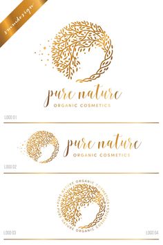 the logo for pure nature organic cosmetics is shown in gold and white with a golden ribbon