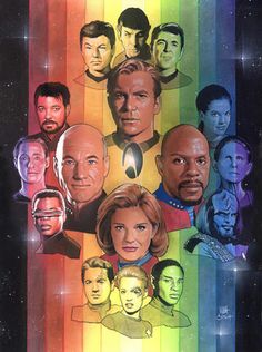 the poster for star trek, with many different faces and colors on it's side