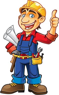 a cartoon worker giving the thumbs up sign with his hand and tools in his other hand