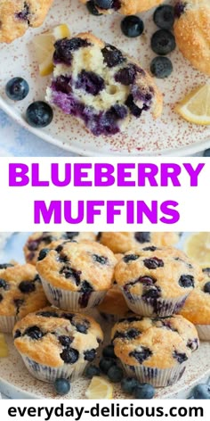 blueberry muffins on a plate with lemon slices and blueberries in the background