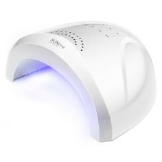 an electronic device with blue light on the front and back side, sitting on a white surface