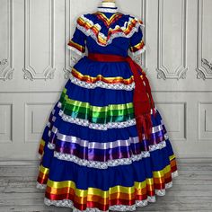 MADE-TO-ORDER ITEM  Beautiful Traditional Jalisco Outfit with high-quality satin ribbon and lace trim.  3-piece set of top, skirt, and silk sash/shawl.    The top has a corset-style closure, and the skirt is adjustable at the waist with ties for a better fit.  It can be made in any color for adults or children.   It ta Traditional Fitted Dress With Attached Cancan, Jalisco Dress, Spanish Fashion, Corset Style, Dress For Women, Petticoat, Satin Ribbon, 3 Piece, Lace Trim