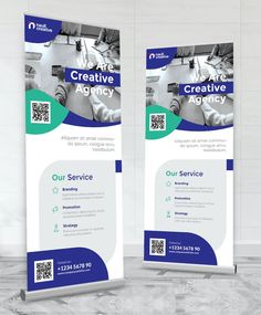 two roll up banners with the words creative agency in blue, green and white colors