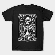 tarot card inspired artwork of a skeleton -- Choose from our vast selection of Crewneck and V-Neck T-Shirts to match with your favorite design to make the perfect graphic T-Shirt. Pick your favorite: Classic, Boxy, Tri-Blend, V-Neck, or Premium. Customize your color! For men and women. Tarot Shirt Design, Tarot Card Skeleton, Tarot Card Shirts, Tarot Tshirt, Spooky Black T-shirt With Skull Print, Tarot Cards, Skeleton, Graphic Tshirt, Tshirt Designs