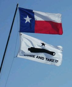 two texas flags flying in the sky with some words below them that read home and take it