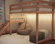 there is a loft bed with stairs to the top and bottom bunk, which also has a bean bag chair underneath