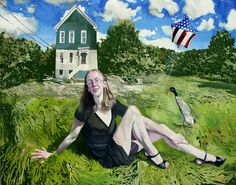 a painting of a woman laying in the grass with a kite flying above her head