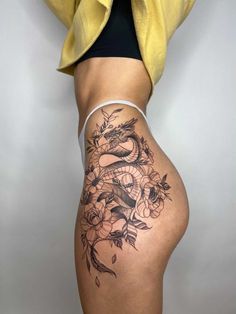 Feminine Skeleton, Dragon Tattoo Hip, Side Thigh Tattoos Women, Dragon Thigh Tattoo, Kitsune Tattoo, Side Thigh Tattoos, Hip Thigh Tattoos, Tattoo Dragon, Key Tattoo