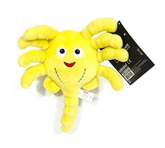 a yellow stuffed animal with a tag on it's ear and hands in the shape of a crab