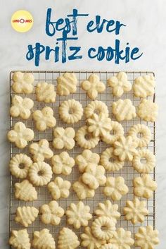 the best ever spritz cookie recipe on a cooling rack with text overlay