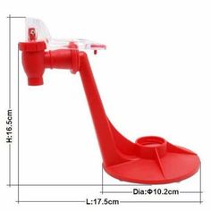 a red plastic cup holder on a white background with measurements for the top and bottom