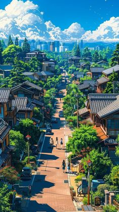 an aerial view of a city with many buildings and trees in the foreground, people walking down the street