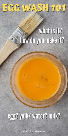 an egg wash sits in a bowl next to a paintbrush on the ground with text that reads, what is it? how do you make it? egg yolk? water milk?