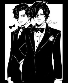 black and white drawing of two men in tuxedos, one wearing a bow tie