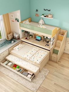 a child's bedroom with bunk beds, desks and drawers in the middle