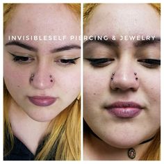 two pictures of a woman with piercings on her nose and the words invisible self piercing & jewelry