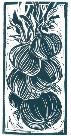 an illustration of onions stacked on top of each other in black and white, against a blue background