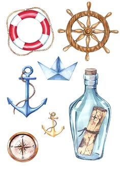 an image of watercolor nautical items on white background