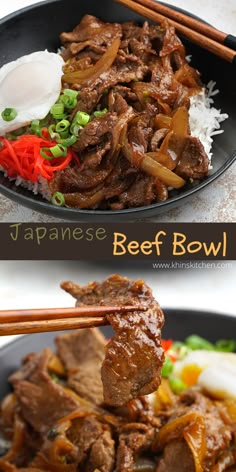 beef bowl with chopsticks and rice in a black bowl