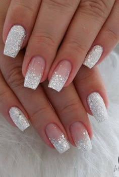 Bridesmaids Nails, Nails For Bride, White And Silver Nails, Wedding Nails Glitter, Formal Nails, White Glitter Nails, Nagel Tips, Wedding Nails For Bride, Nails Wedding