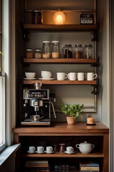 a shelf with coffee cups and mugs on it