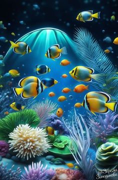 an underwater scene with fish and corals