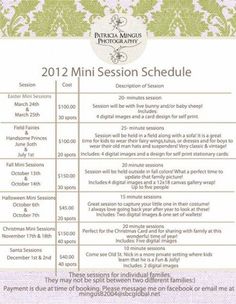 the 2012 mini session schedule is shown in purple and green colors, with an ornate design on