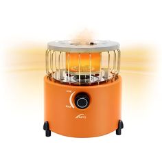 an orange electric heater with the light on