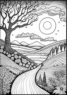 a black and white drawing of a road leading to a tree with the sun in the background