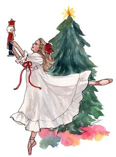 a watercolor painting of a girl in front of a christmas tree holding a nutcracker