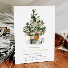 a holiday party card with a christmas tree on it