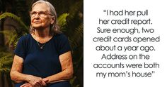 an older woman with glasses sitting in front of a fern tree and text that reads, i had her bull her credit report sue enough two credit cards opened about a year ago