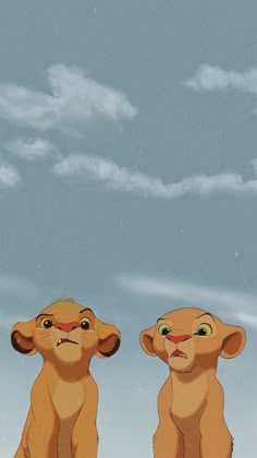 the lion king and his cub are standing in front of a blue sky with clouds