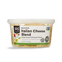 a container of italian cheese blend on a white background