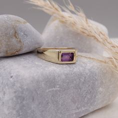 Dainty signet ring for women, features a natural amethyst stone set in a flush setting technique on a delicate solid gold band. Perfect ring for pinky or any finger your choose, can be a magnificent engagement ring as an alternative proposal ring, perfect anniversary ring or gift for those who were born in February This ring is made to order in 14k or 18k upon your choice. Measurements: * Gem Stones: 100% Natural Amethyst * Center Stone Measurements: 6.00x4.00 Approx. 0.5 * Color and Clarity: Clear Amethyst  * Material: High-Quality Solid Gold 14/18k ------CUSTOMIZATION------ ♥ Feel free to contact me for any other customization to your preferences. How to order: * Simply use the Menu Bar, choose necklace length :) * The necklace will be made for you and ready to be shipped in 7-9 business Classic Amethyst Ring Stamped 14k, Elegant Purple Amethyst Signet Ring, Classic Amethyst Birthstone Promise Ring, Minimalist Gold Amethyst Ring, Yellow Gold Amethyst Ring With Emerald Cut, Modern Yellow Gold Amethyst Gemstone Ring, Yellow Gold Rings With Rectangular Gemstone, Modern Yellow Gold Amethyst Ring, Minimalist Amethyst Gemstone Ring