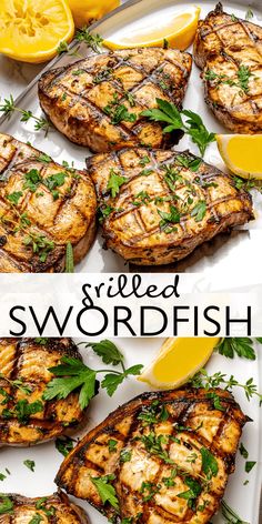 grilled swordfish on a plate with lemons and parsley