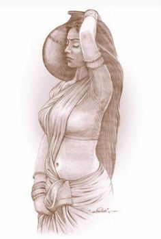 a pencil drawing of a woman holding an object on her head