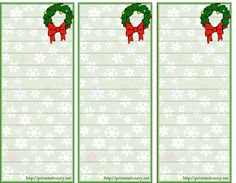 two christmas themed bookmarks with bows and wreaths on the front, one is blank