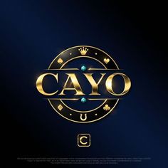 the word cayo in gold on a dark blue background with diamonds and jewels around it