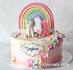 a birthday cake with a unicorn and rainbow on top