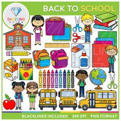 the back to school clip art is shown with children and school supplies, including pencils,