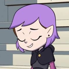 a cartoon girl with purple hair and black shirt smiling at something in front of her