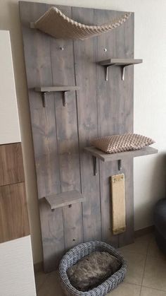 a dog bed in the corner of a room with an old wooden door and shelves