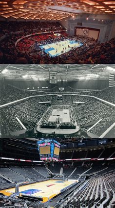 the inside of an arena at a basketball game, and in front of a large crowd