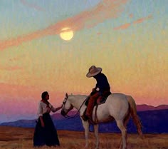 a painting of two people riding horses in the desert at sunset, one holding the hand of another person's hand