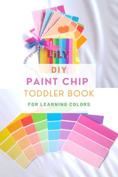 the diy paint chip toddler book for learning colors is shown with text overlay