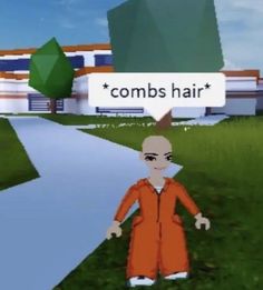 a cartoon character is standing in the grass near a street sign that says combs hair