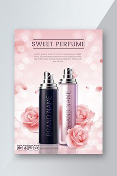 a magazine cover with two spray bottles and roses in the background on a white surface