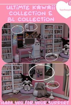 two pictures of a pink room with teddy bears and bookshelves on the walls